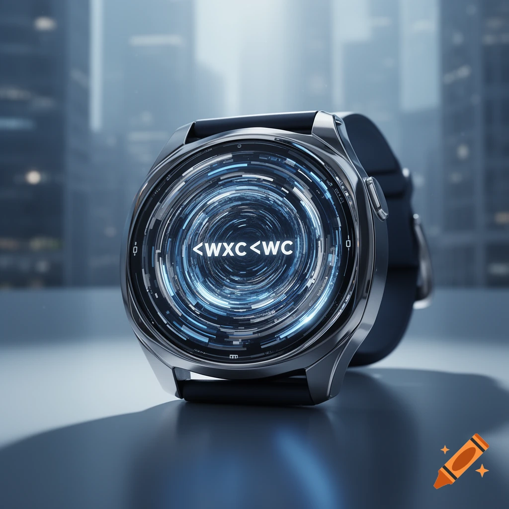 A sleek smartwatch with a glowing blue and white digital display showing "<WXC<WC" against a blurry city backdrop, photorealistic.