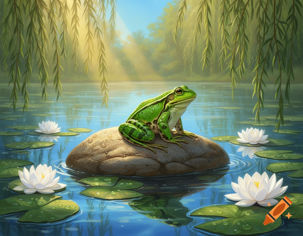 A vibrant green frog sits on a wet rock in a pond surrounded by white water lilies, lily pads, and drooping willow branches under a sunny sky.