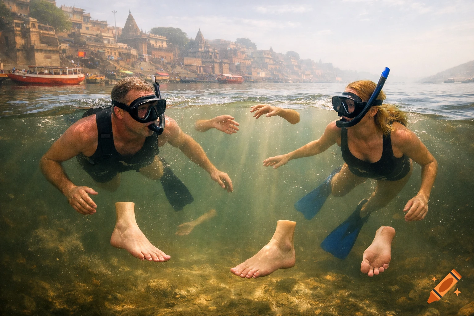 Two snorkelers in murky river water are surrounded by floating disembodied arms and feet, with the Varanasi ghats in the background.
