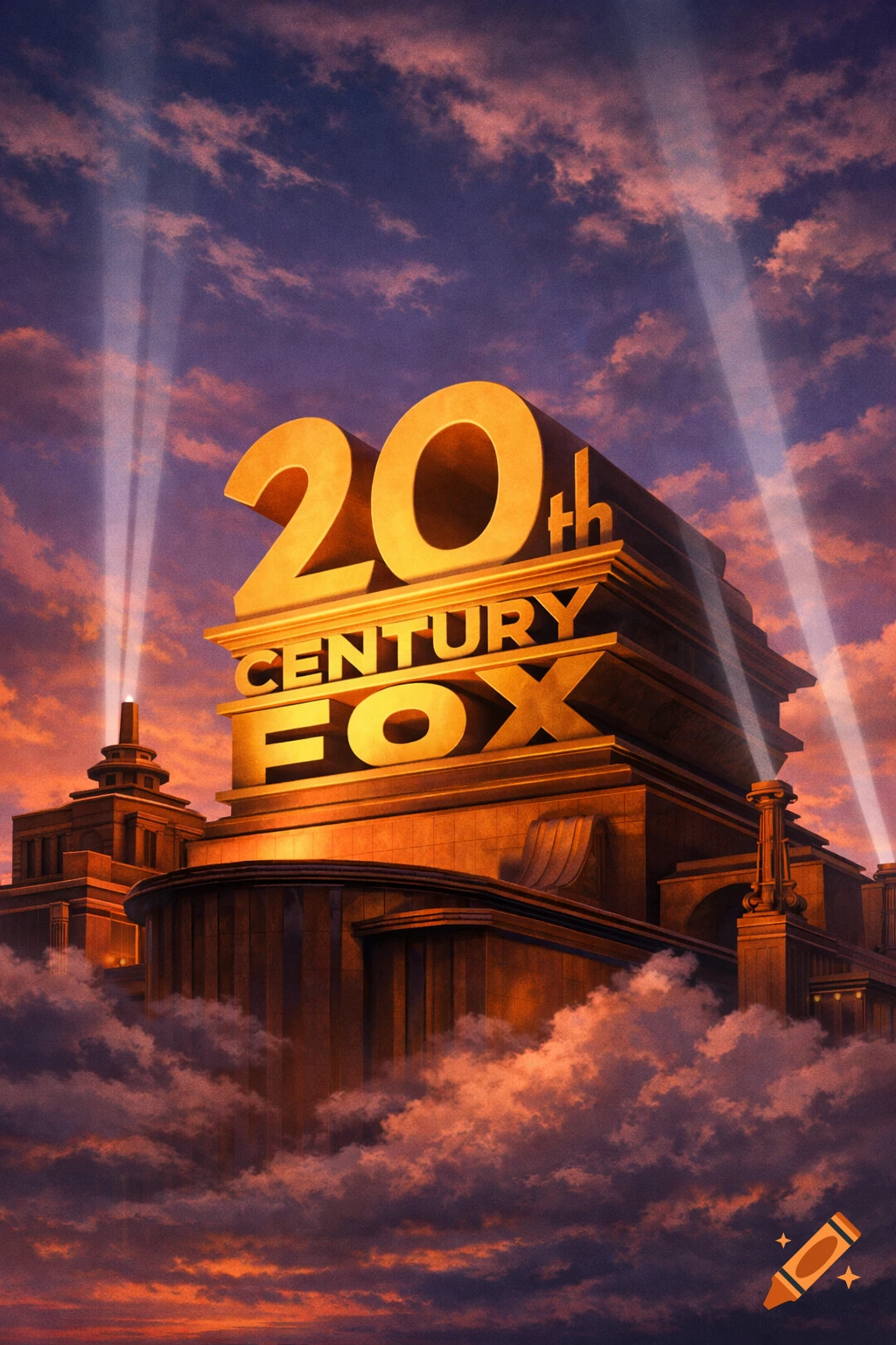 The iconic 20th Century Fox logo, a golden structure with bright spotlights, set against a dramatic sunset sky with clouds.