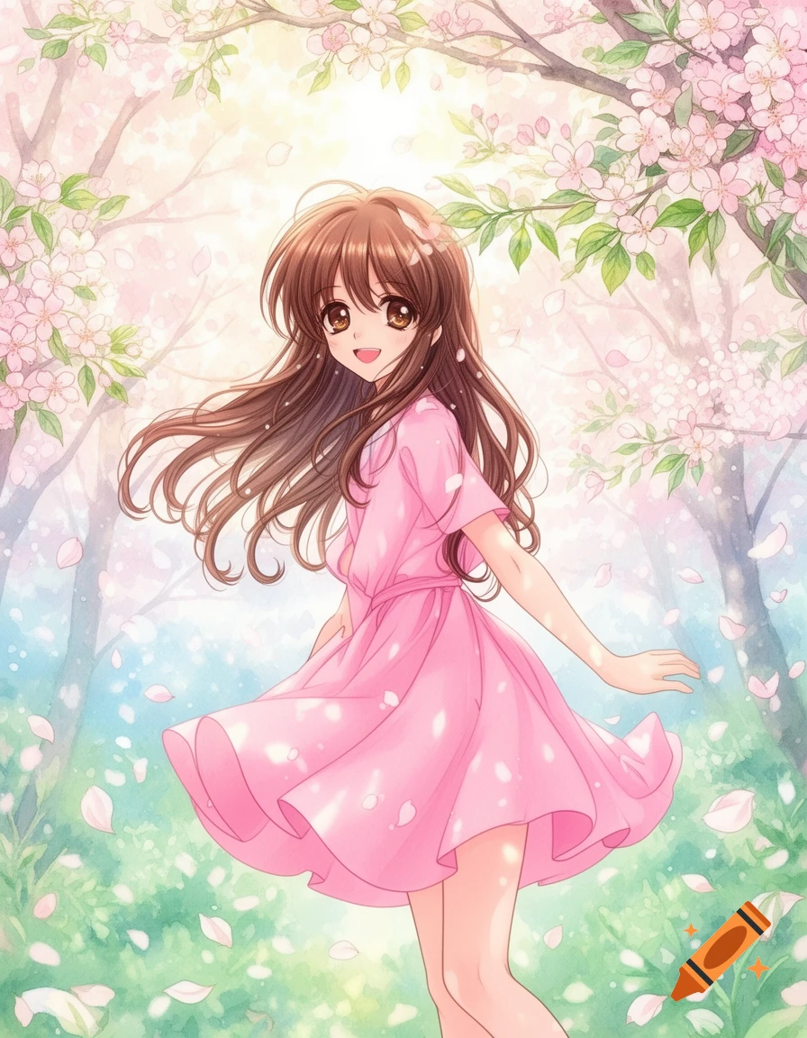 An anime girl with long brown hair smiles and twirls in a pink dress ...