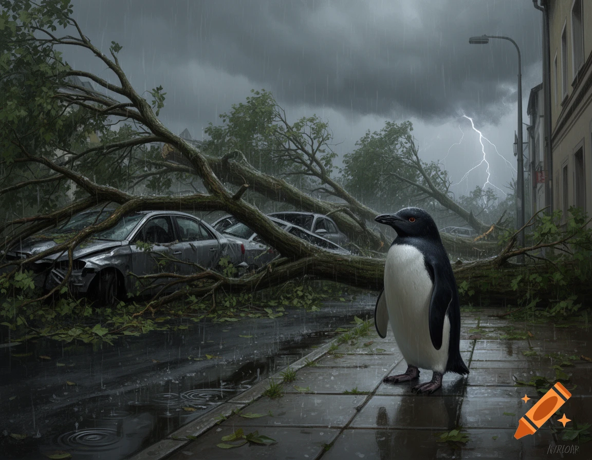 A penguin on a wet sidewalk during a severe storm with fallen trees on ...