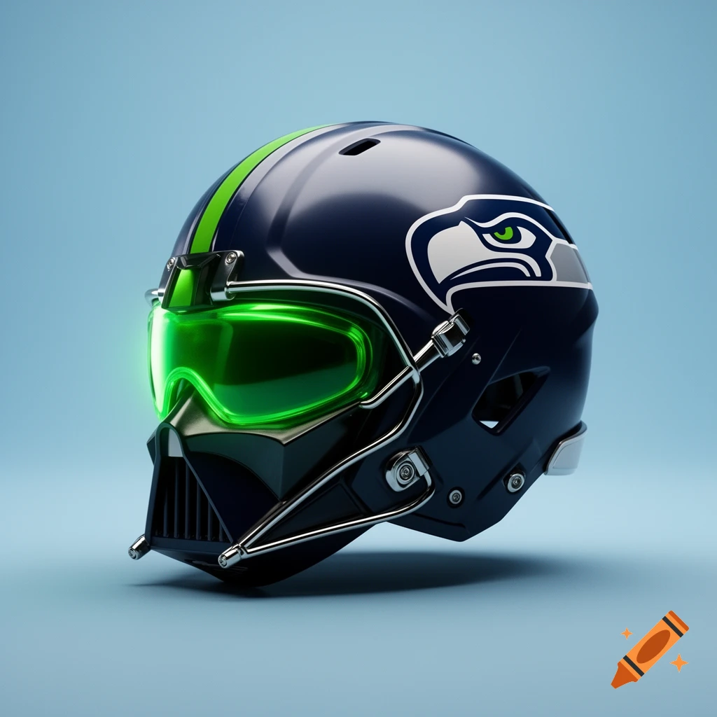 A hyper-detailed, dark blue helmet merging a Seattle Seahawks football helmet with a Darth Vader helmet, featuring a glowing green visor and chrome accents.