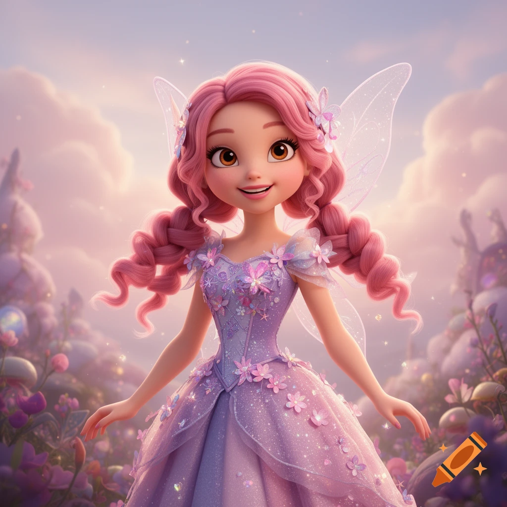 A 3D cartoon fairy girl with pink curly pigtail braids, brown eyes, a sparkly lavender dress, and clear wings, in an enchanted garden.