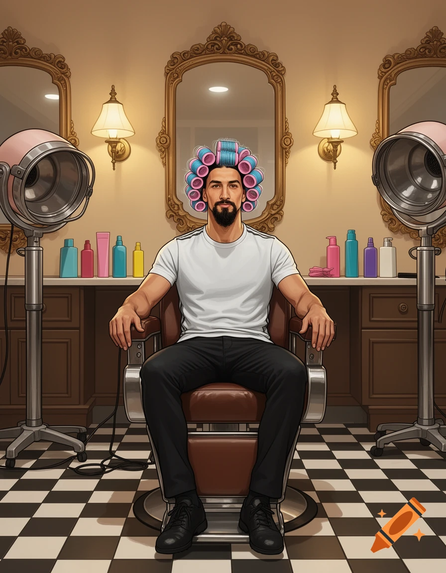 An illustrated man with a beard sits in a barber chair wearing pink and blue hair curlers in a salon.