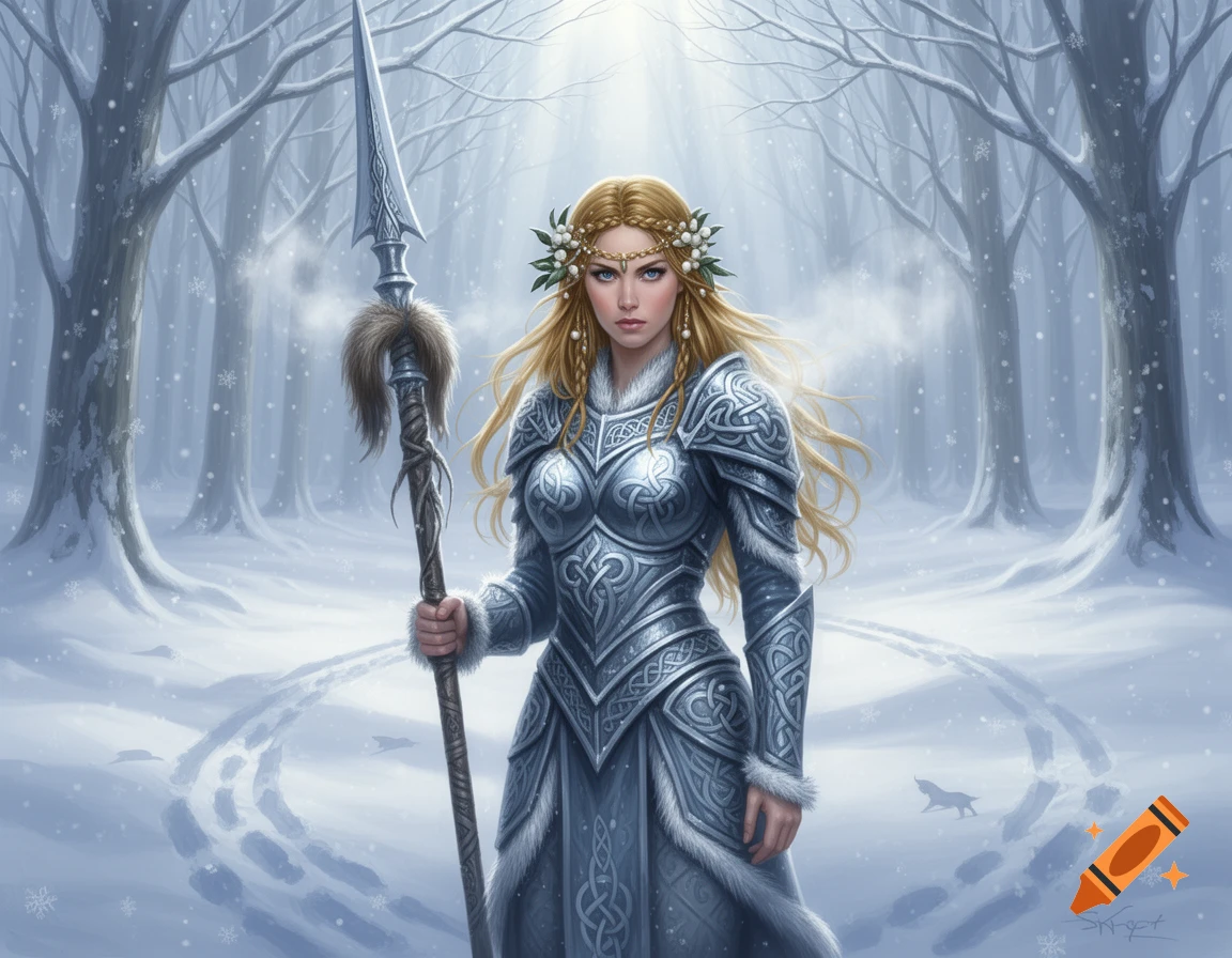 A blonde Celtic warrior princess in elaborate silver armor holds a ...