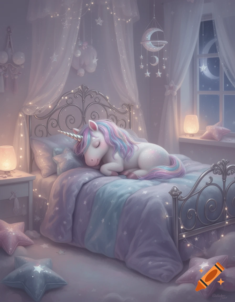 Whimsical illustration of a sleeping unicorn with a rainbow mane in a dreamy, star-lit bedroom.