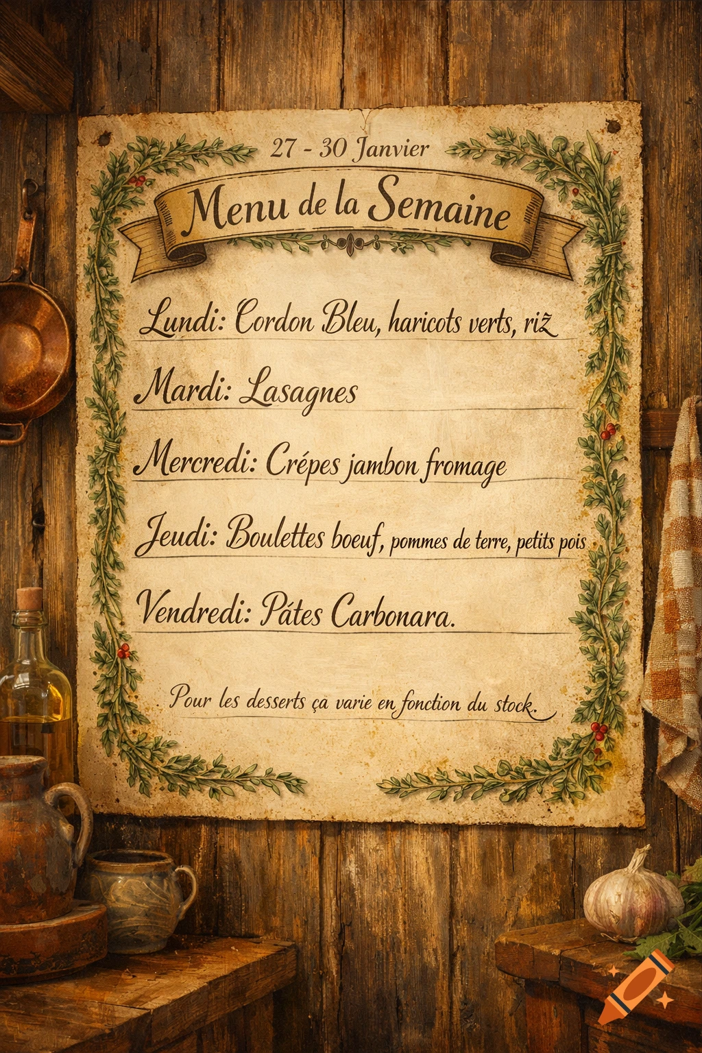 A rustic weekly menu board in French on a wooden wall, listing meals from Monday to Friday, with cooking utensils and ingredients around it.