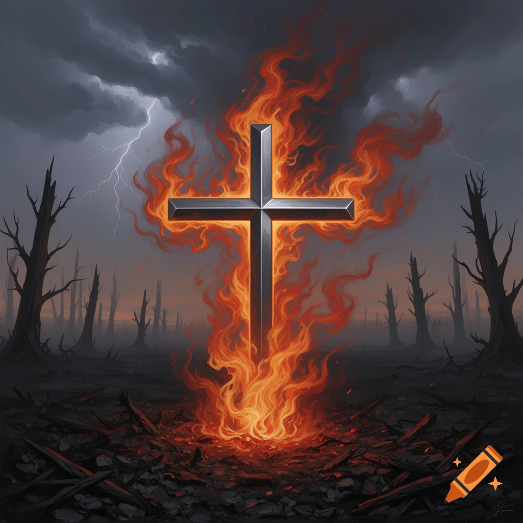 A metallic cross engulfed in orange and red flames stands in a desolate, dark landscape under a stormy, lightning-filled sky. Dead trees dot the horizon.