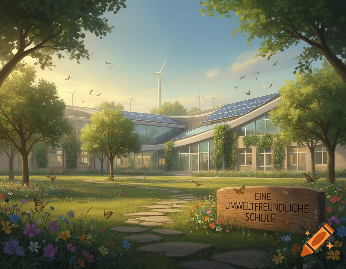 An eco-friendly school building with solar panels, wind turbines, and lush greenery. A sign in the foreground reads 'EINE UMWELTFREUNDLICHE SCHULE'.