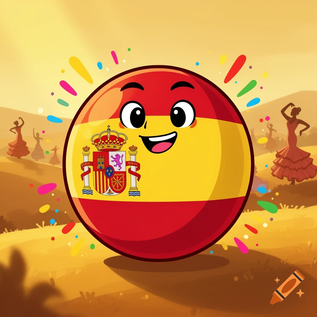 A happy cartoon Spainball with the Spanish flag and coat of arms, surrounded by colorful confetti, with silhouetted flamenco dancers in a golden, sunny landscape.