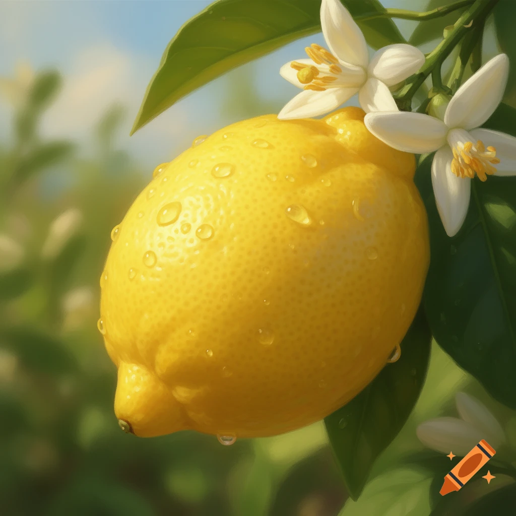 Close-up, photorealistic image of a vibrant yellow lemon covered in water droplets, hanging on a branch with white blossoms and green leaves against a soft blue sky.