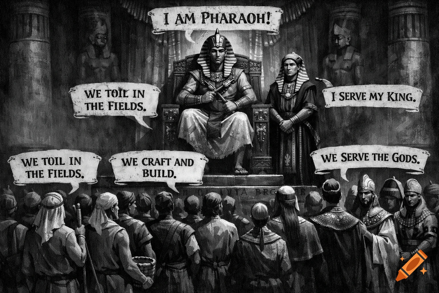 Black and white illustration of an ancient Egyptian Pharaoh on a throne, with his Vizier beside him, addressing a crowd of workers and officials, all with speech bubbles.