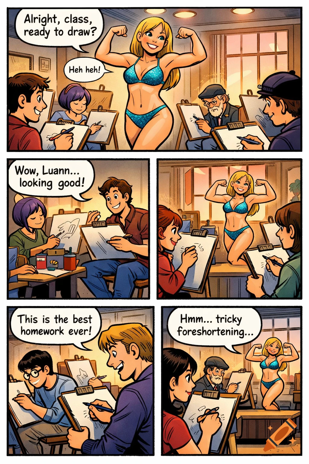 A blonde woman in a bikini flexes as an art model in a comic strip panel, surrounded by students drawing her.