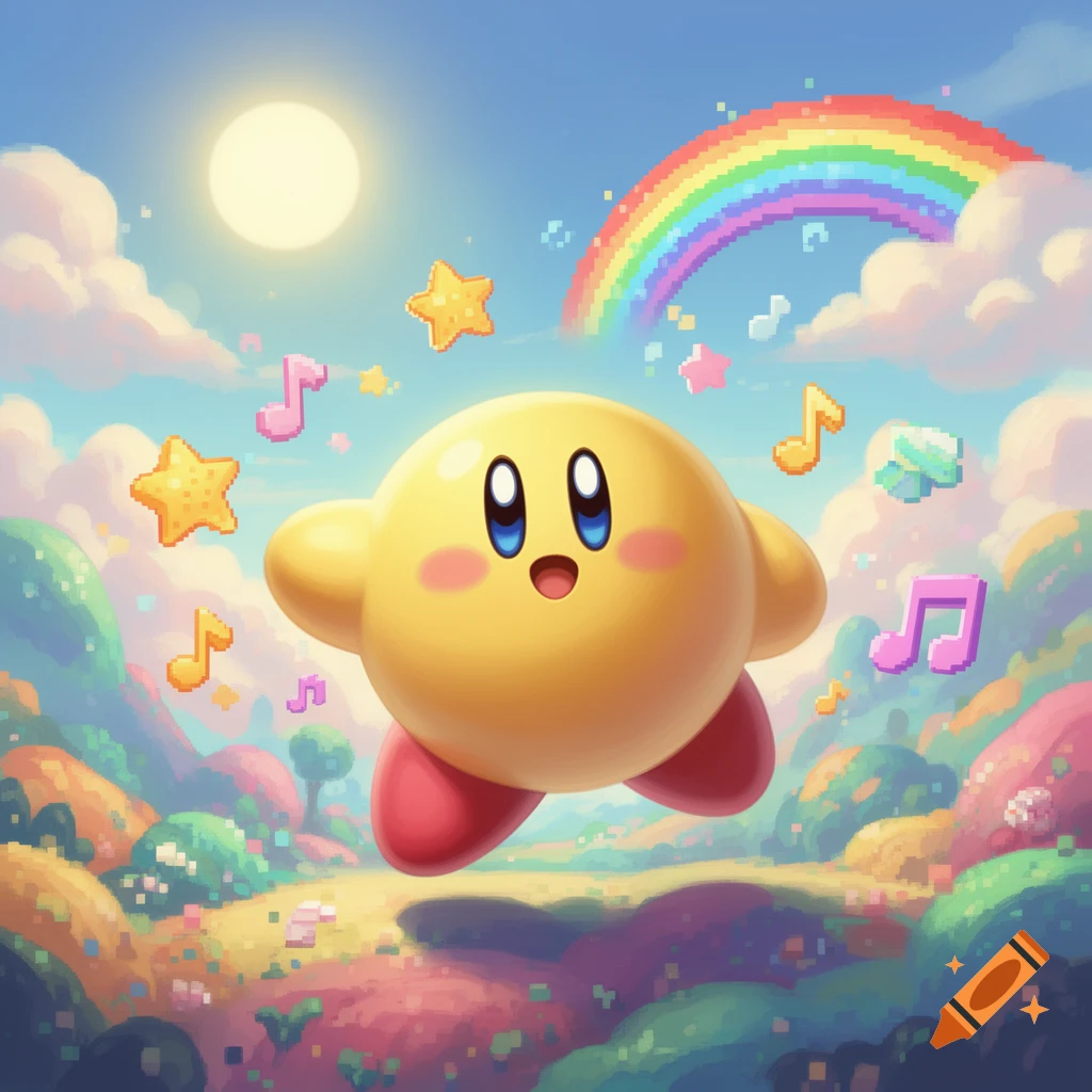 A cheerful yellow Kirby floats amidst a vibrant, pixelated fantasy landscape with a rainbow, sun, stars, and musical notes.