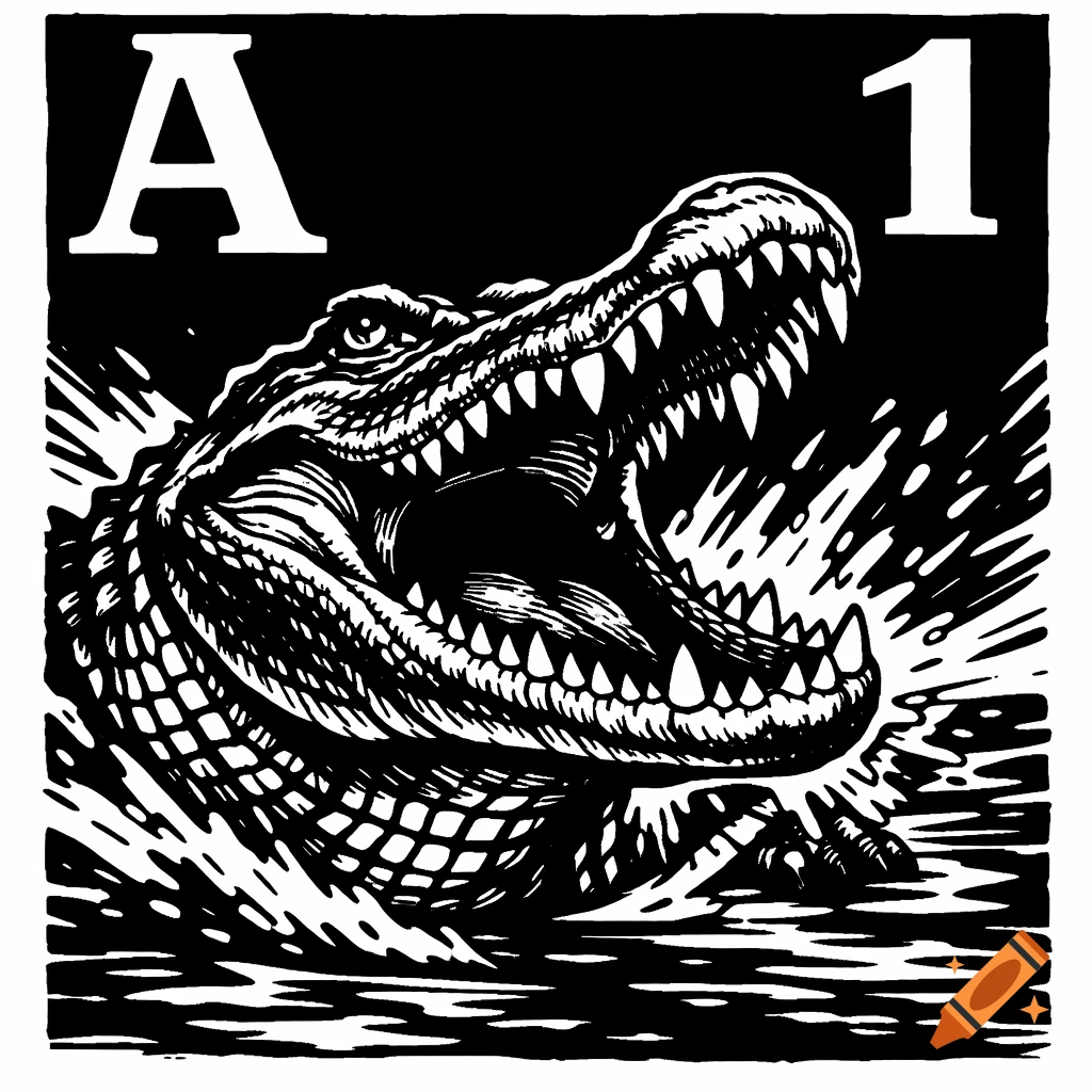 Black and white woodcut illustration of an alligator with its mouth wide open, showing teeth, with a large 'A' in the top left and '1' in the top right.