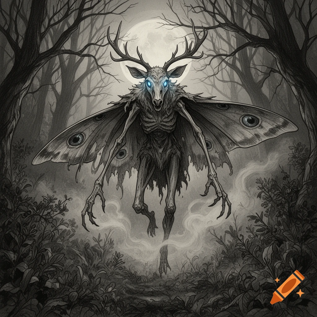 A grayscale drawing of a skeletal, deer-headed cryptid with large moth wings and glowing blue eyes in a dark, misty forest under a full moon.