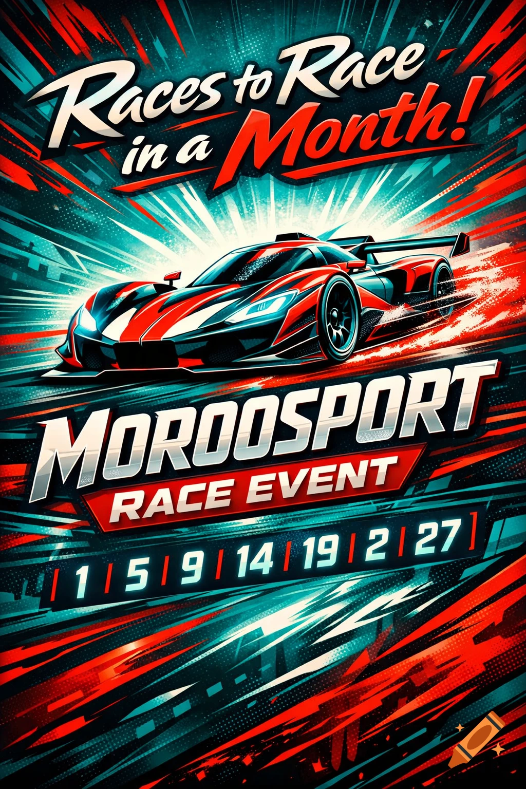 A vibrant red and teal racing poster features a sleek race car speeding amidst dynamic lines, with text 'Races to Race in a Month!', 'MOROOSPORT', 'RACE EVENT' and dates.
