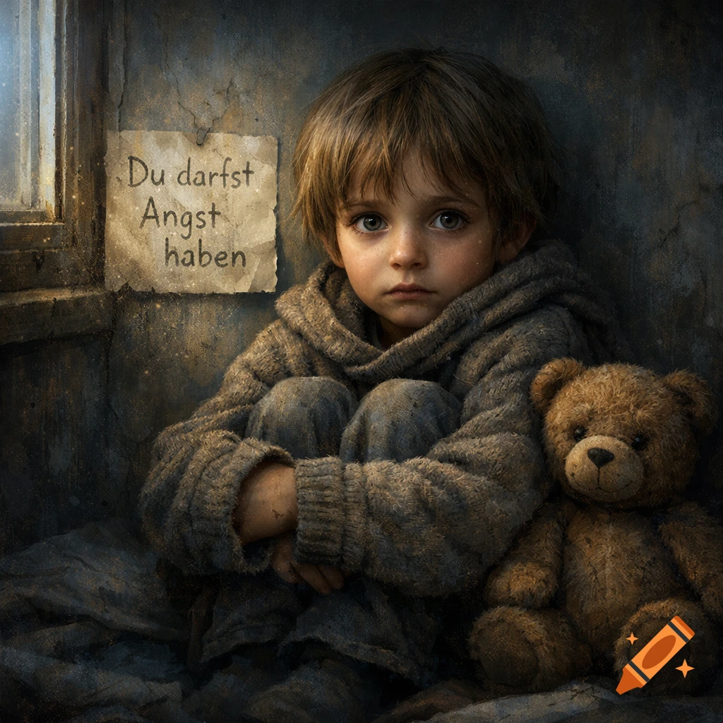 A sad child in a brown hoodie sits with a teddy bear in a dark room. A note on the wall reads "Du darfst Angst haben".