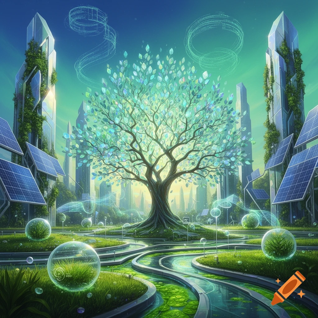 A vibrant, futuristic eco-city with a large glowing tree, modern skyscrapers, solar panels, and winding green waterways.