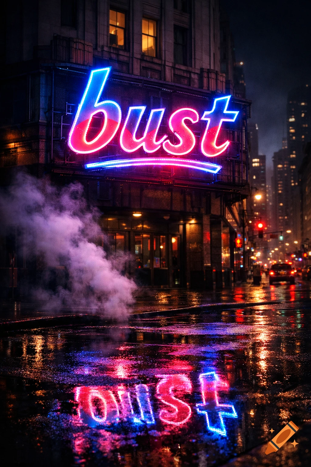 Photorealistic image of a neon sign glowing 'bust' in red and blue on a city building at night, reflecting on a wet street with steam rising.