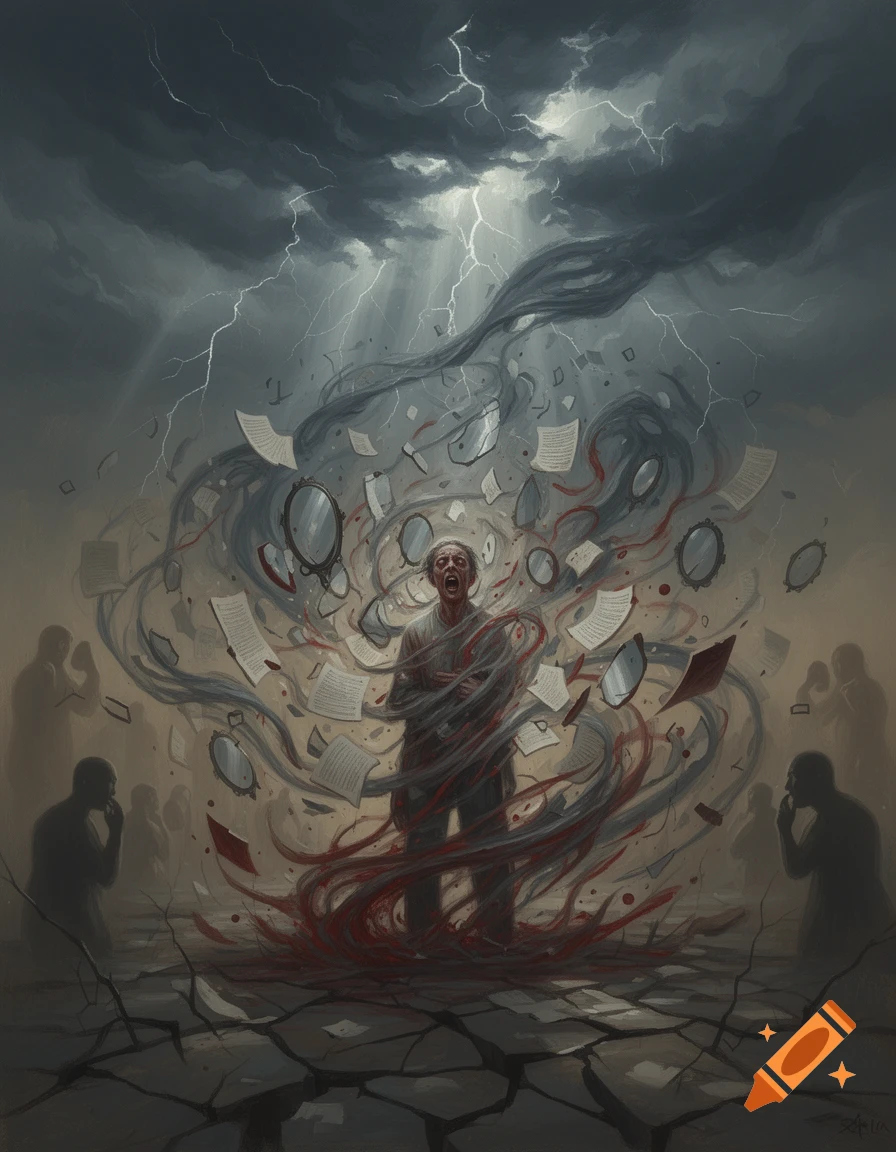 A person screams in anguish, surrounded by a swirling vortex of papers, mirrors, and red tendrils under a stormy, lightning-filled sky. Shadowy figures watch from the cracked ground.