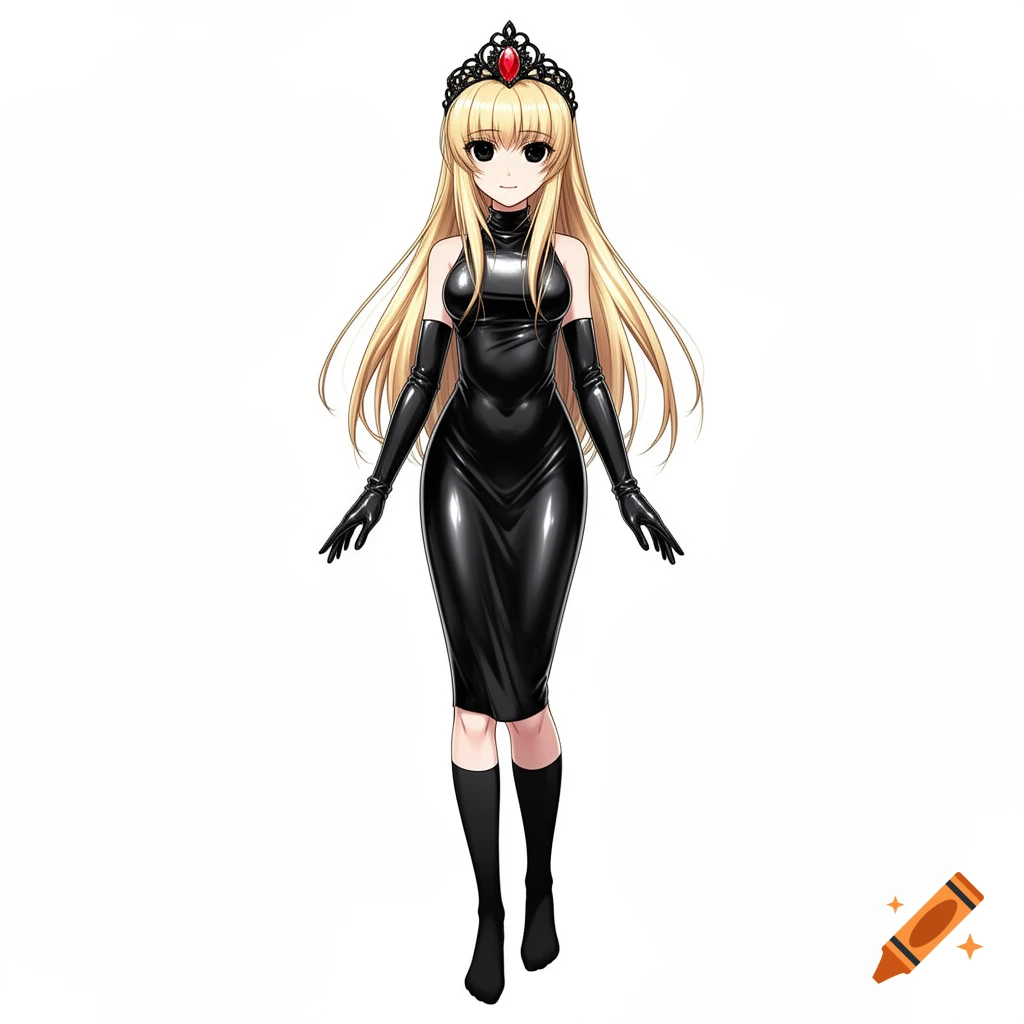 Anime girl with long blonde hair, black eyes, wearing a black latex ...