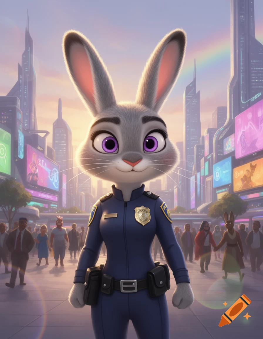 Judy Hopps in police uniform stands in a futuristic city street with ...