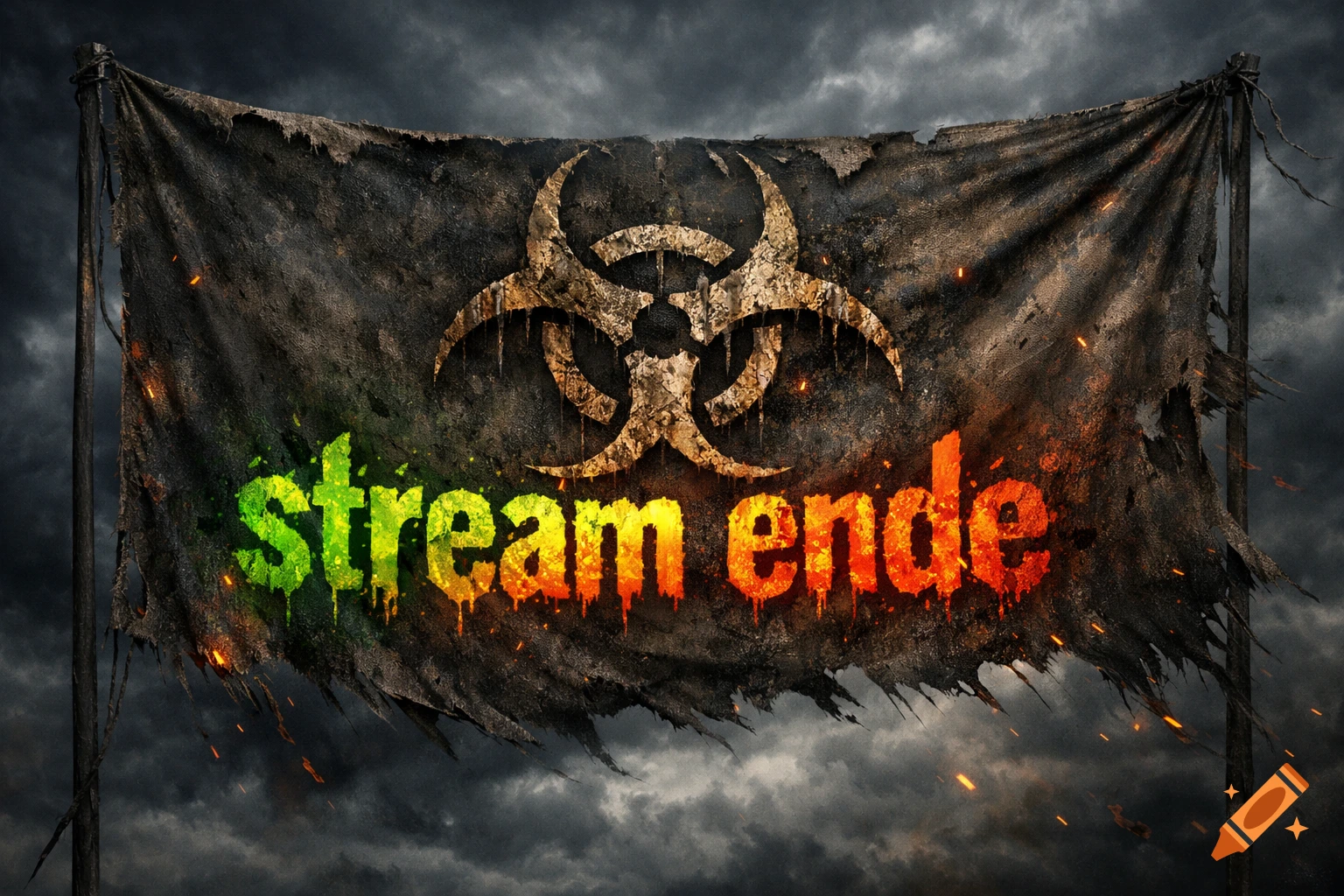 A tattered black flag with a dirty biohazard symbol and glowing, dripping 'stream ende' text, set against a stormy sky.
