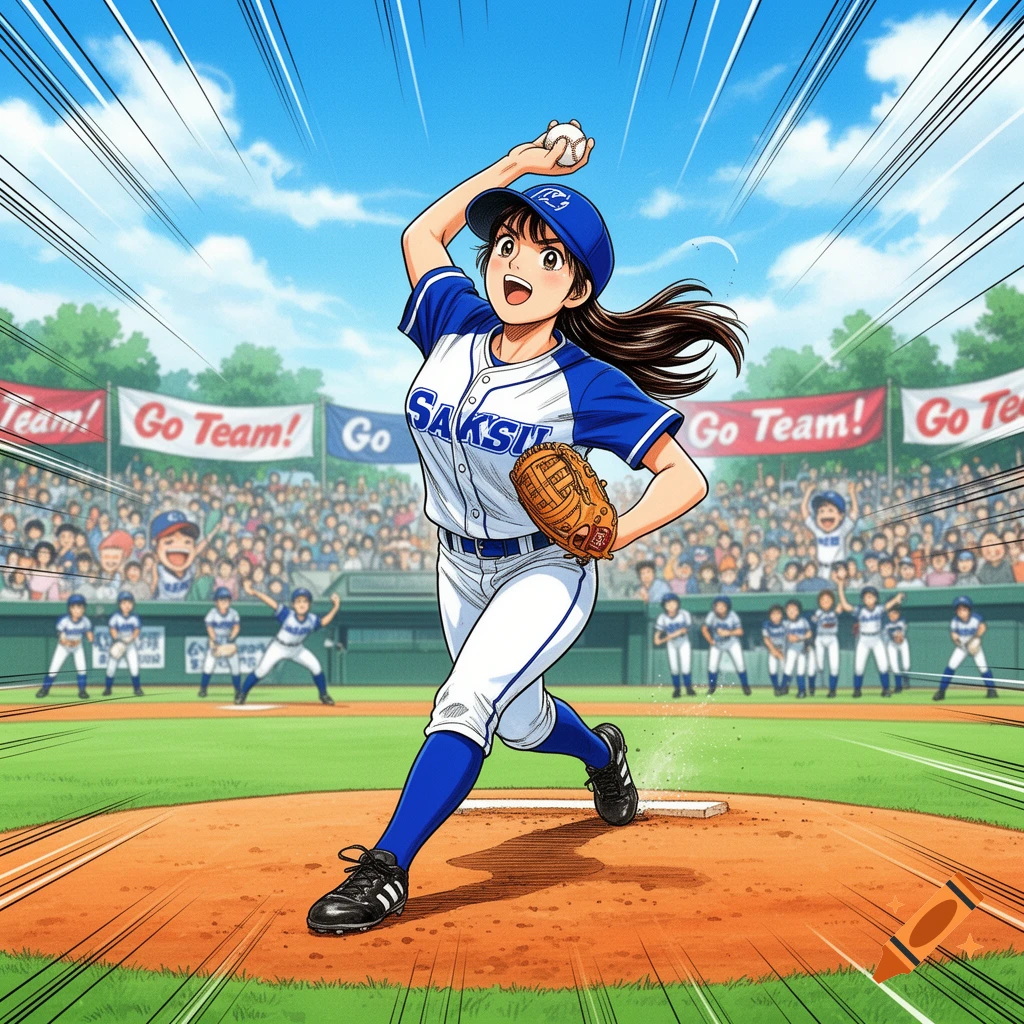 An anime-style female baseball pitcher in a blue and white uniform throws a pitch on a sunny day in a stadium with a cheering crowd.