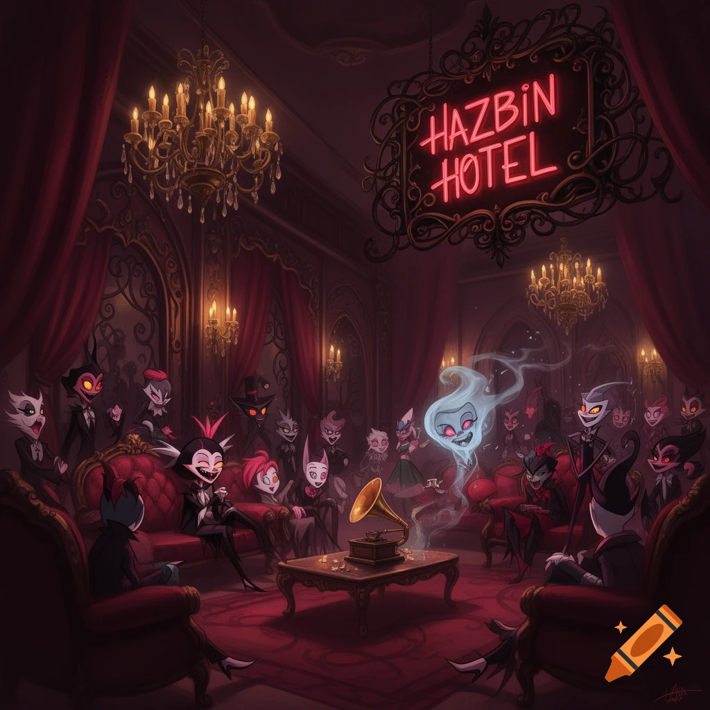 Animated Hazbin Hotel characters in a lavish red ballroom with a gramophone and neon sign.