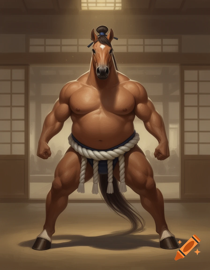 An anthropomorphic, muscular horse with a sumo wrestler's physique, wearing a mawashi, stands in a dojo.