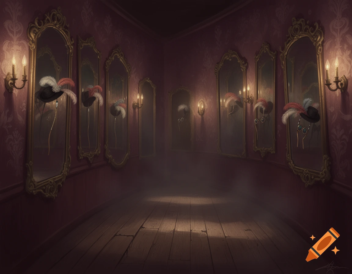An eerie, dimly lit hallway with red patterned wallpaper, a wooden floor, and ornate golden mirrors reflecting floating feathered hats and goggles.
