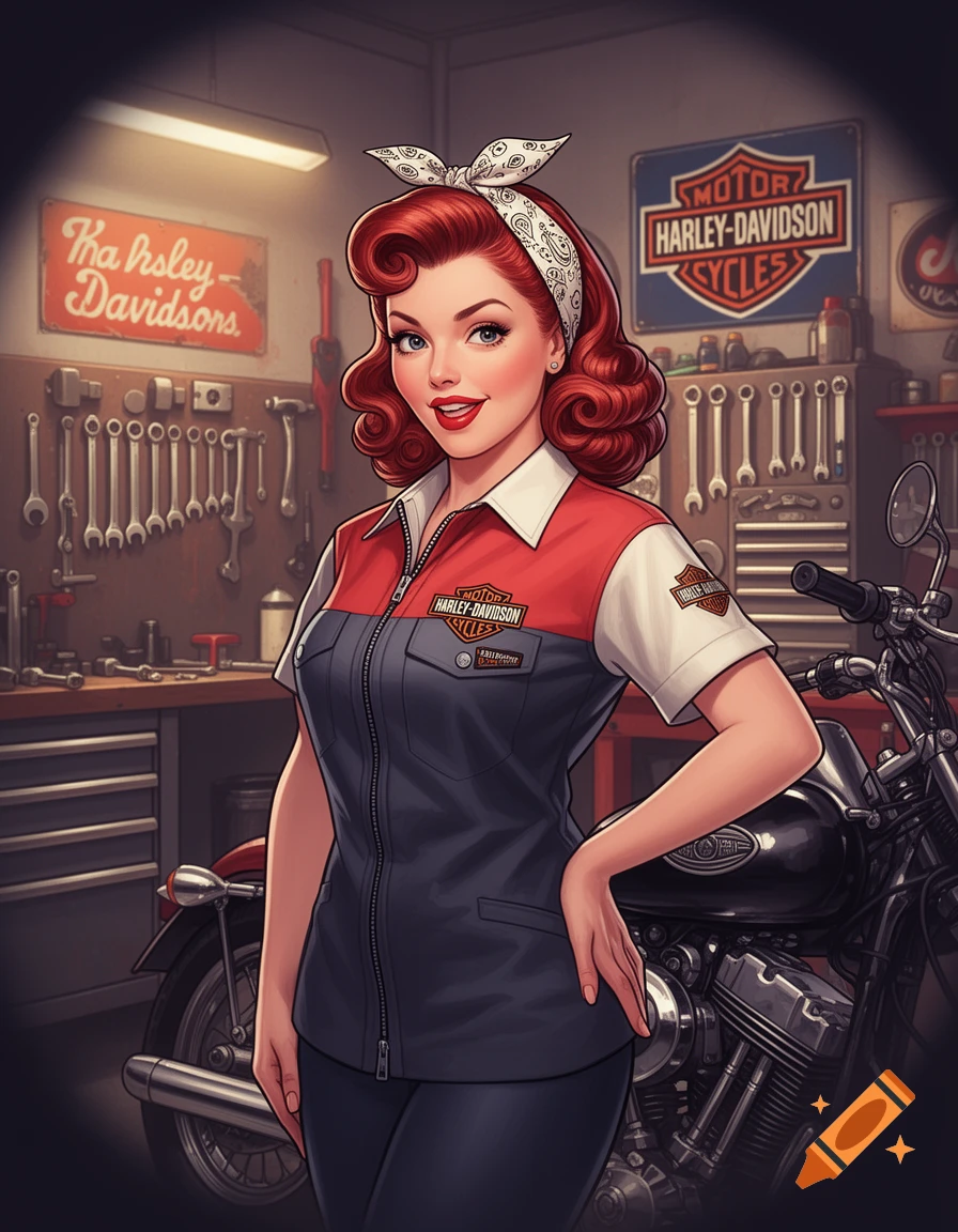 A smiling red-haired pin-up woman in a Harley-Davidson work shirt and bandana stands in a retro motorcycle garage with tools and a bike.