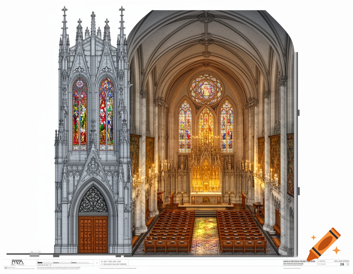 Architectural drawing of a gothic church's exterior next to a photorealistic rendering of its ornate interior with stained glass and pews.