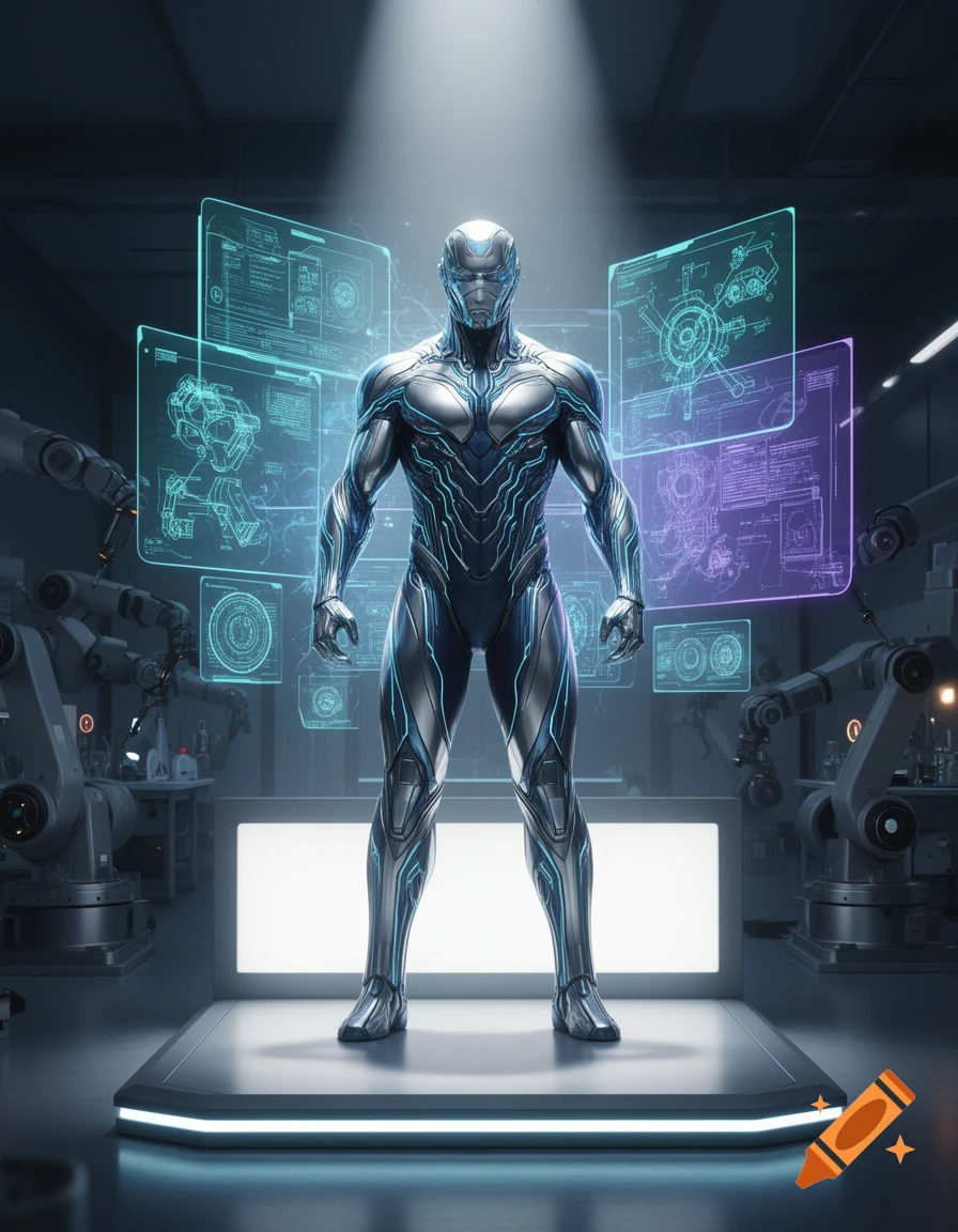 A futuristic armored figure in a sleek blue and silver superhero suit ...