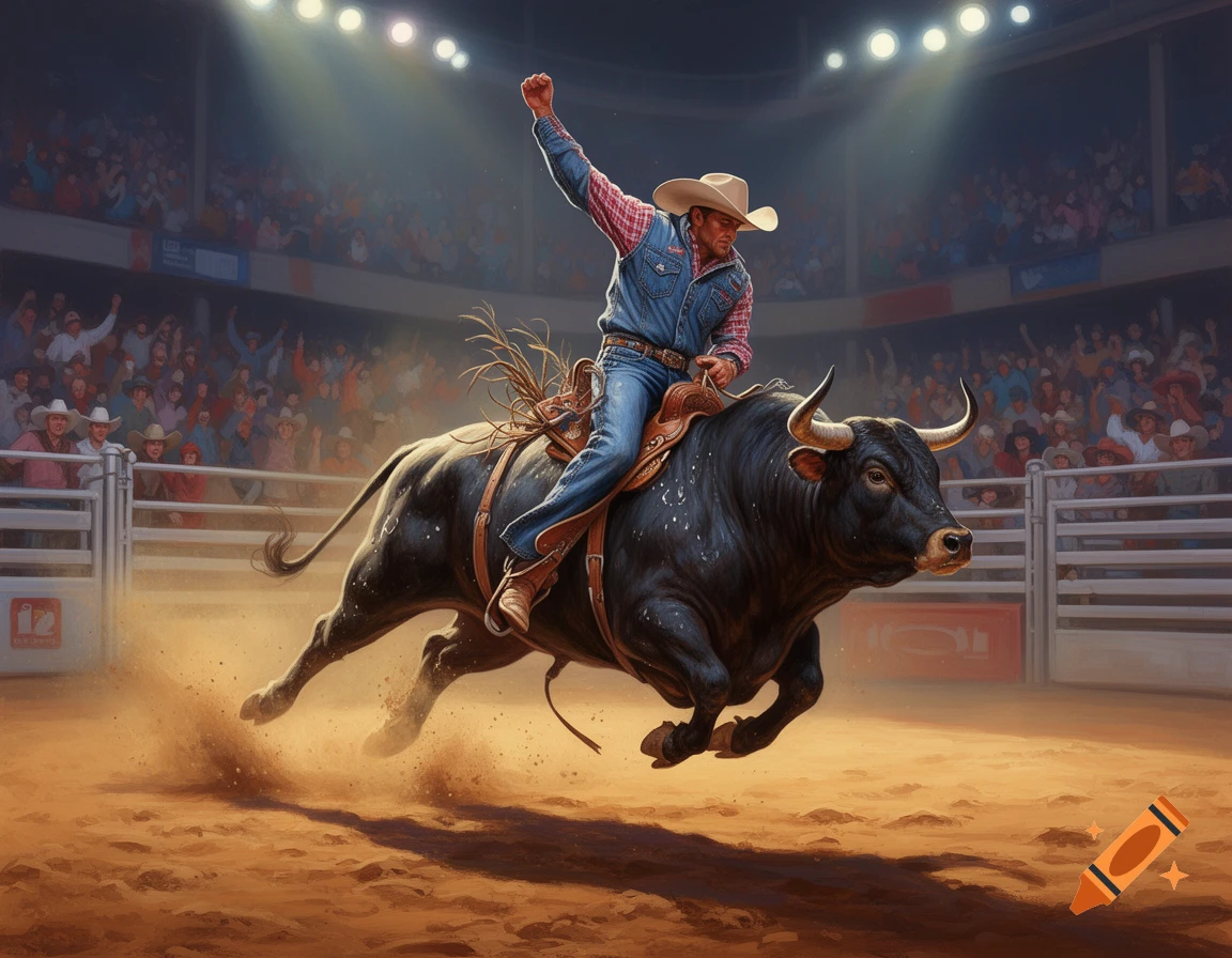 A cowboy riding a bucking bull in a rodeo arena before a cheering crowd, kicking up dust.