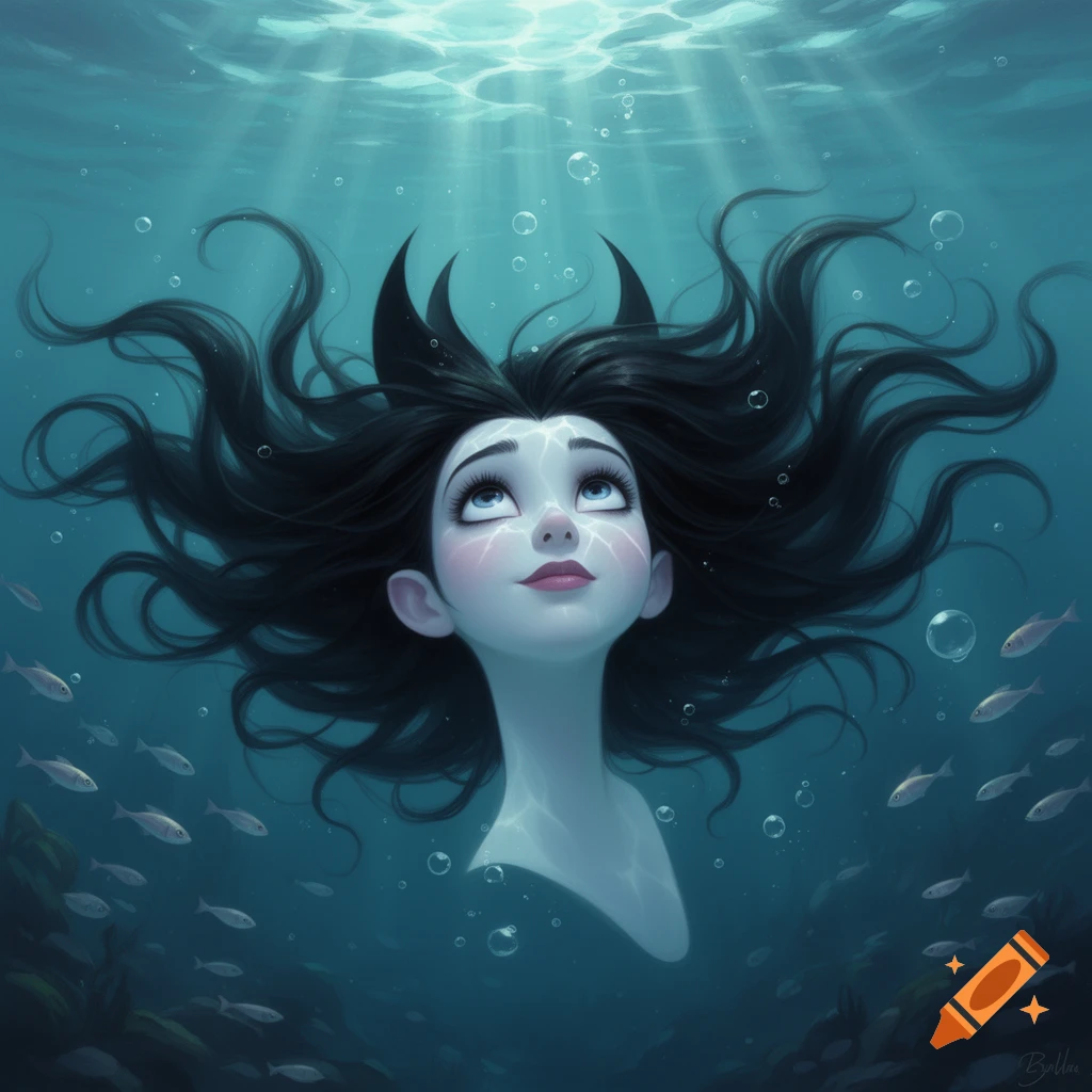Stylized cartoon of Mavis Dracula with flowing black hair, looking up towards shimmering light underwater as fish swim around her.