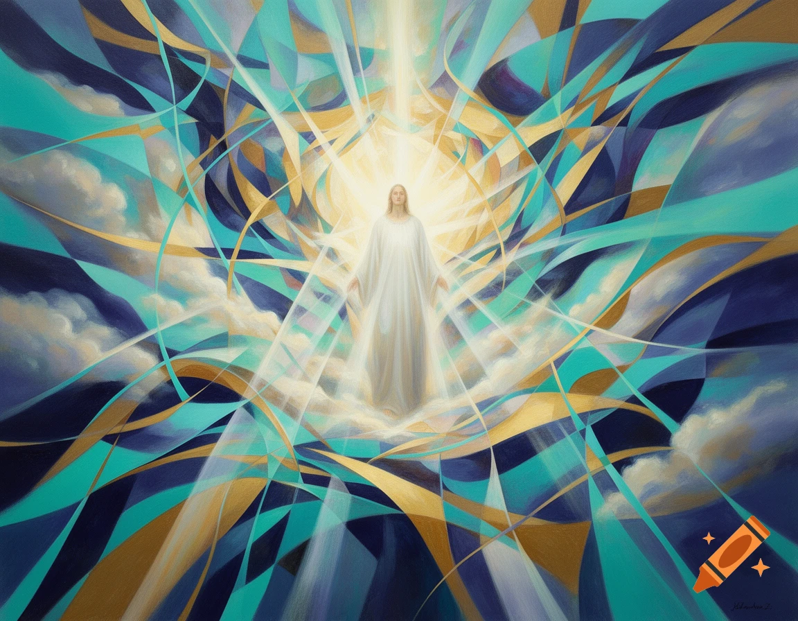 A central figure in white robes stands bathed in radiant light, surrounded by swirling abstract shapes of gold, teal, and deep blue, with hints of clouds.