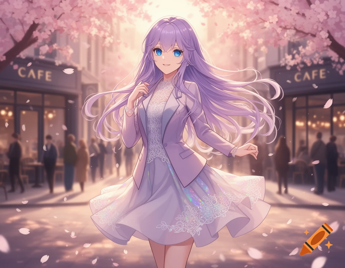Anime girl with purple hair and blue eyes, smiling in a lavender dress and jacket, standing on a sunny street with cherry blossoms and cafes.