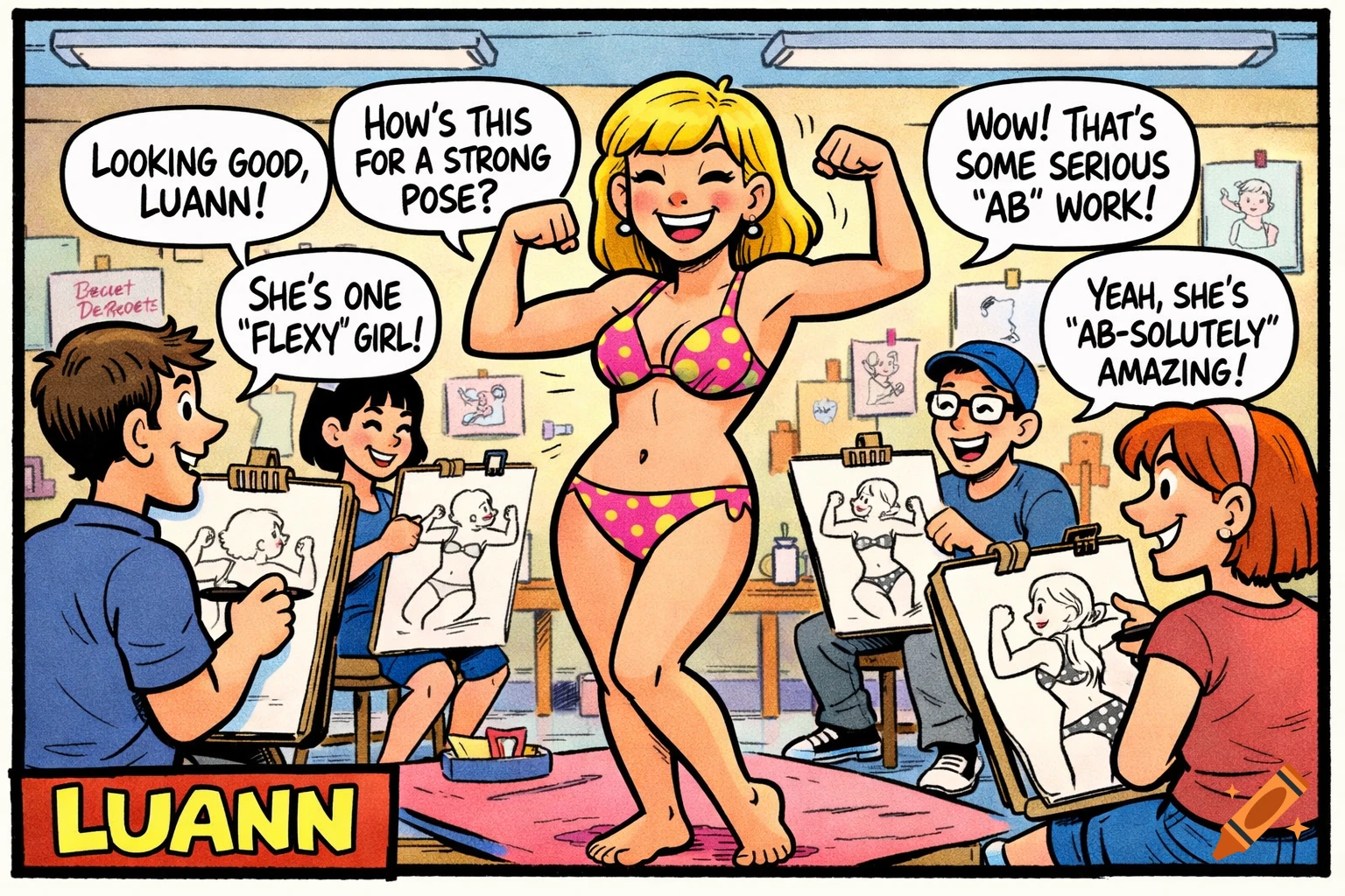 A cartoon comic strip panel shows a smiling blonde woman in a polka-dot bikini flexing for an art class, while four diverse students draw her.