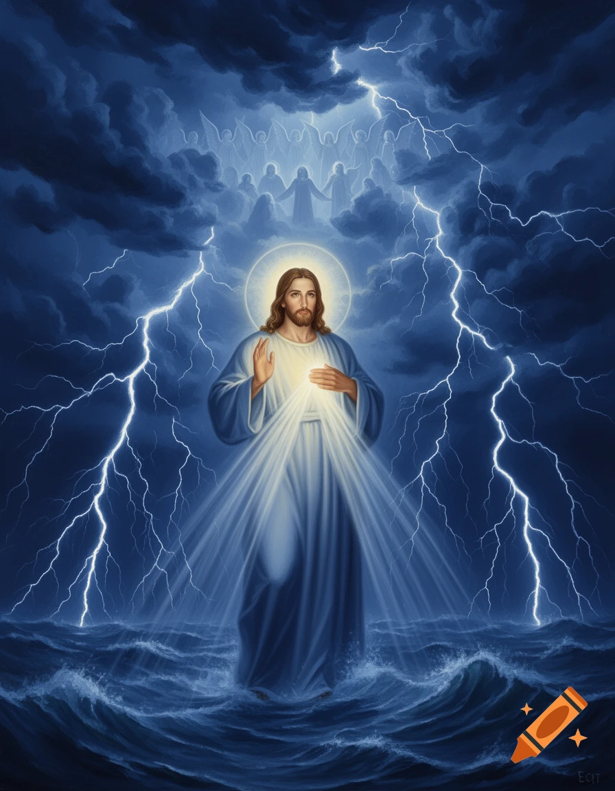 Jesus stands on stormy waves under a dark, lightning-filled sky, emanating light, with angels in the clouds above.