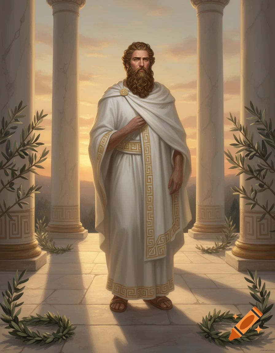 A bearded man in a white toga stands between classical columns at sunset, with olive branches.