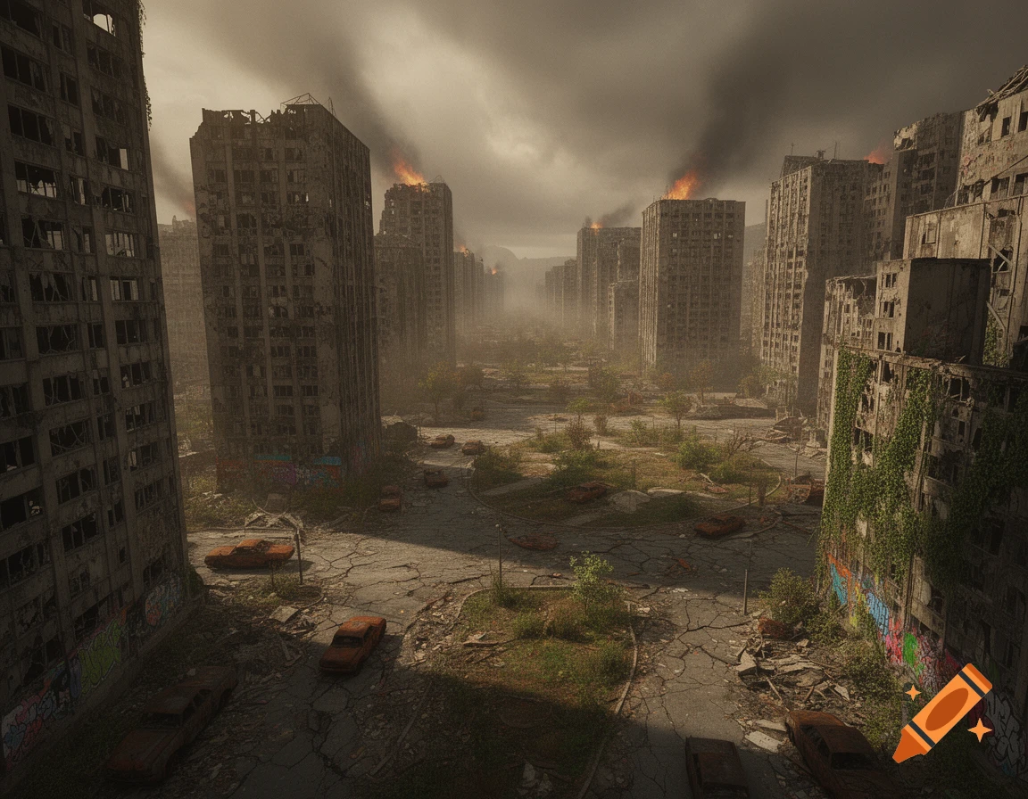 A desolate, top-down view of a ruined urban landscape with decaying skyscrapers, abandoned cars, and fires burning in the distance under a cloudy sky.