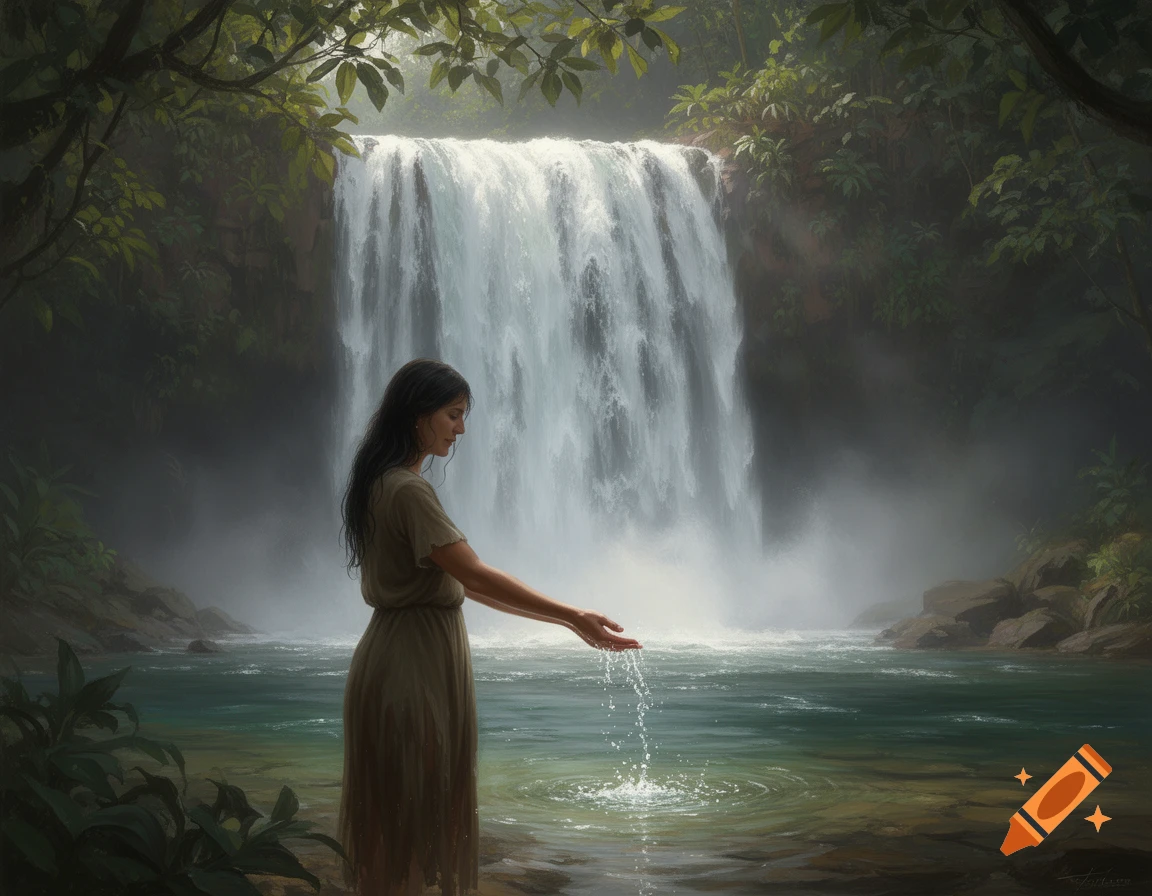 Realistic painting of a woman in a dress cupping water from a large waterfall in a lush, misty jungle.