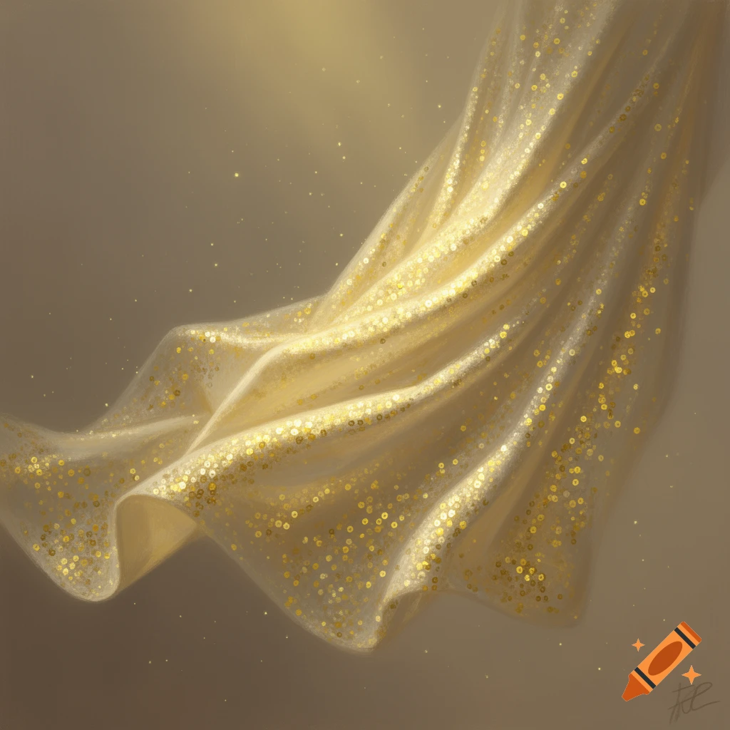 Flowing golden fabric with shimmering sequins or glitter against a soft, warm background.