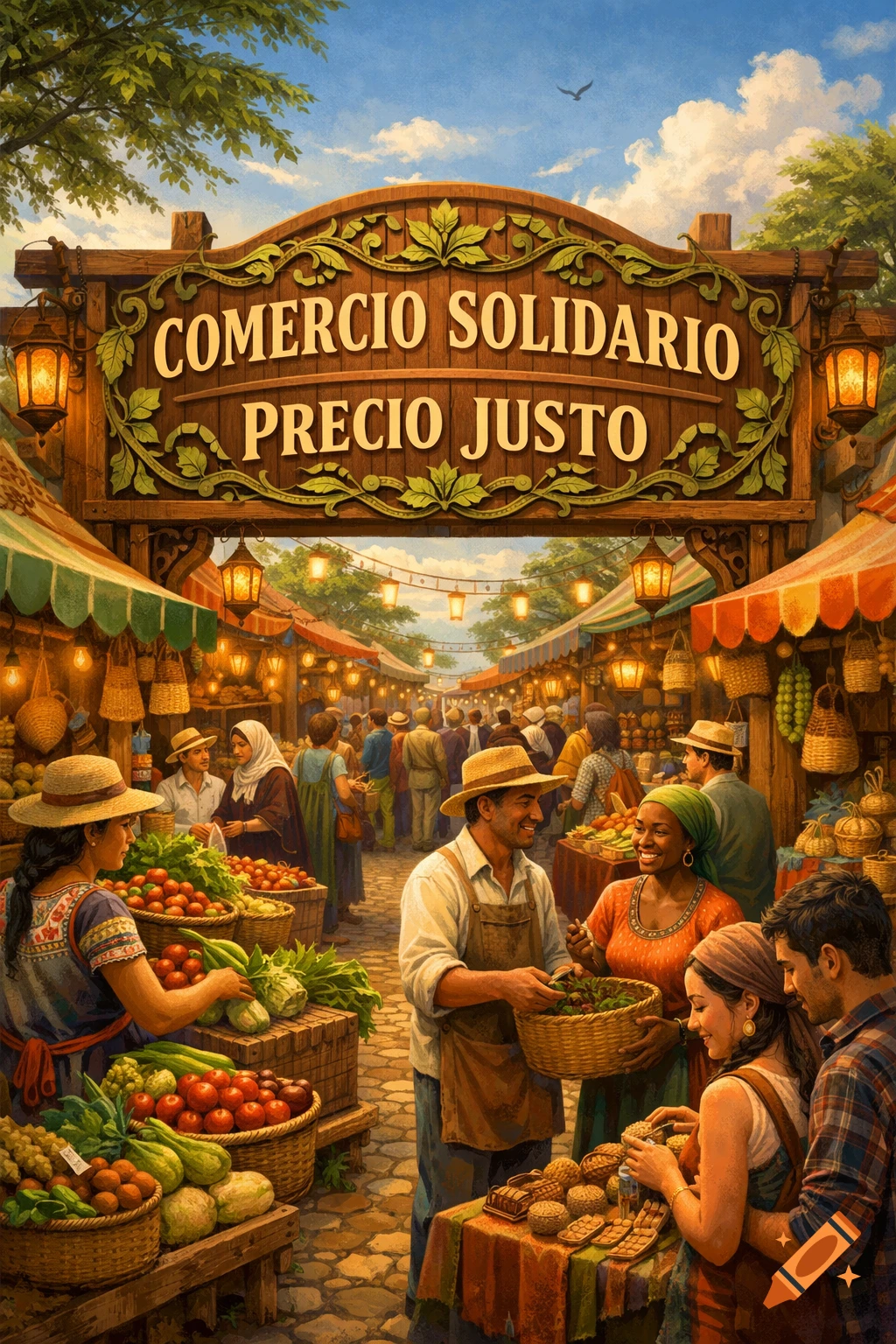 A bustling outdoor market scene with people, fresh produce, and a wooden sign reading 'COMERCIO SOLIDARIO PRECIO JUSTO' under a blue sky.