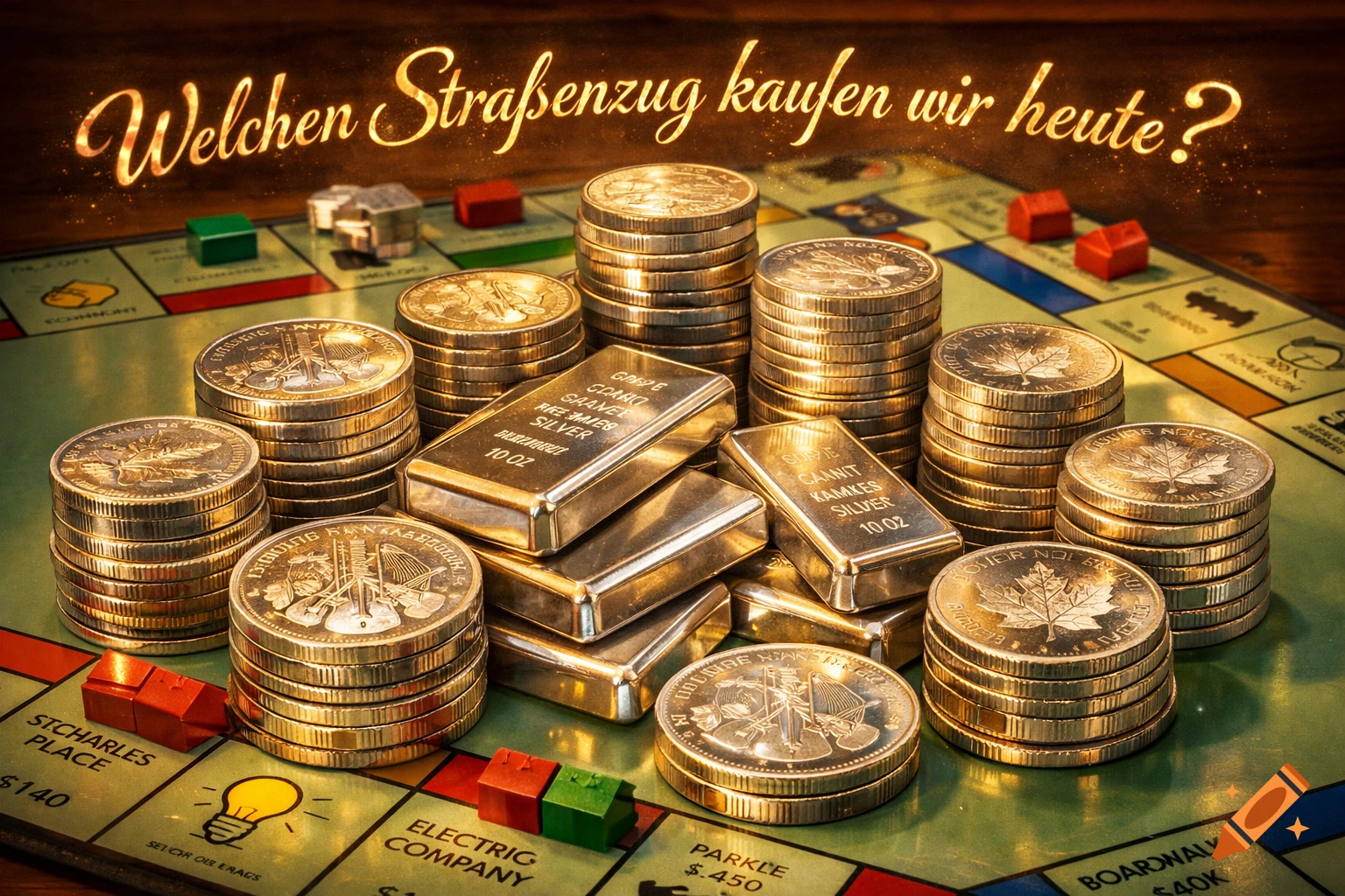 A close-up of a Monopoly board covered with stacks of silver coins and silver bars, under a glowing golden text overlay that reads "Welchen Straßenzug kaufen wir heute?". Red and green Monopoly houses are also visible on the board.