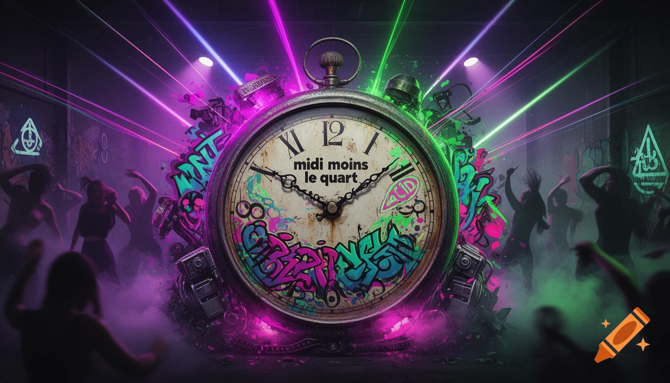 A stylized, dark rave scene featuring a large, graffiti-covered clock ...