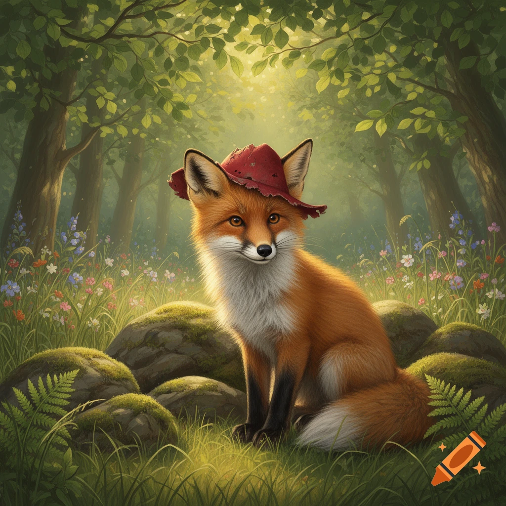 A cute fox wearing a red hat sits among mossy rocks and wildflowers in ...